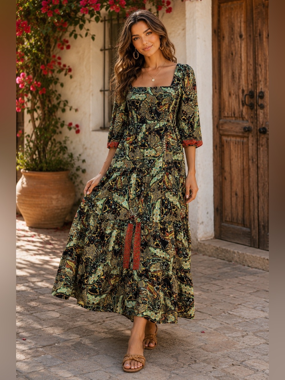Anthropologie Me2Magic Maxi Dress Paisley Woman’s L Smocked Puff Sleeve Boho